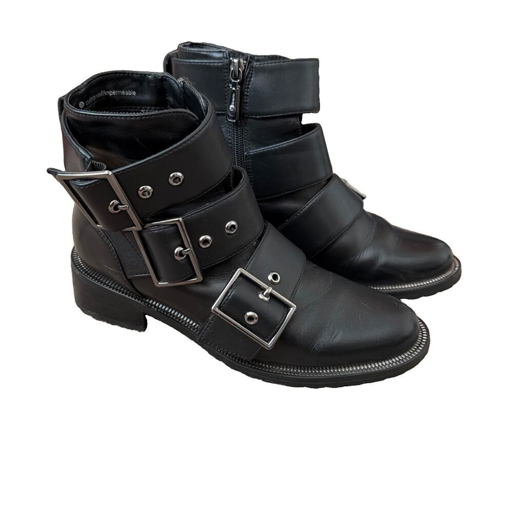 Blondo Camila Moto Biker Leather Booties Womens 6.5 Black Waterproof Side Zip